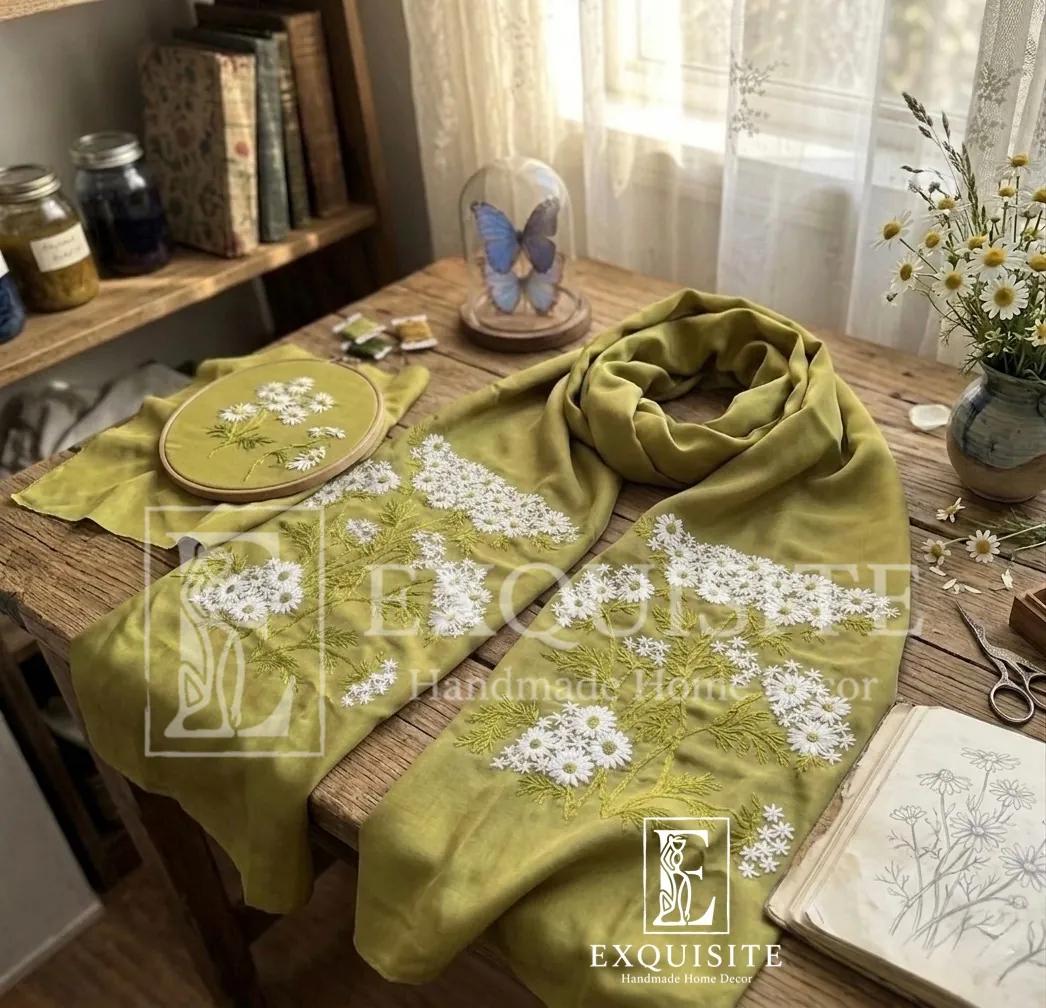 Khăn quàng cổ thêu tay nhung lụa tơ tằm cao cấp-Scarf hand embroidery on silk&velvet ảnh thu nhỏ 6