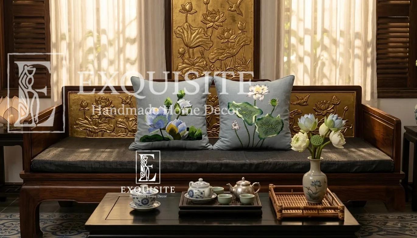 Gối thêu tay mẫu HOA SEN collection ảnh thu nhỏ 5