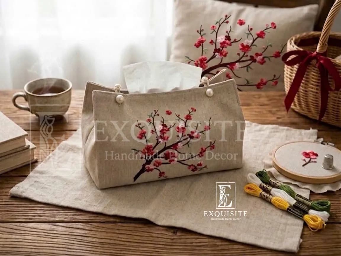 Hộp giấy ăn thêu cành đào ngày tết - Tissue box thêu tay new year