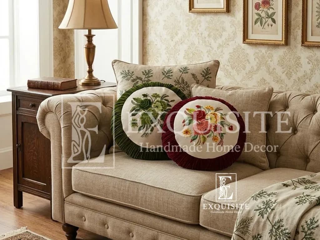 Gối tròn nhung thêu tay cao cấp - Velvet round cushion hand embroidery
