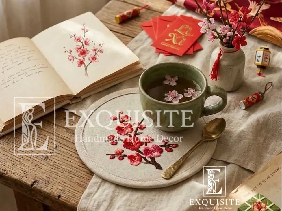 Lót ly thêu tay hoa đào ngày tết - Coaster hand embroidery new year
