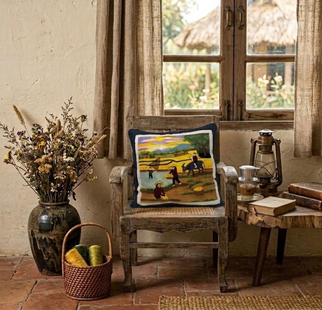 Hand-embroidered home textiles in an artisan interior