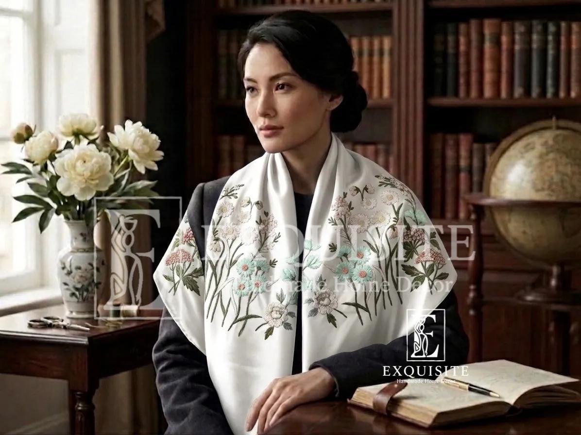 Khăn quàng cổ thêu tay nhung lụa tơ tằm cao cấp-Scarf hand embroidery on silk&velvet ảnh thu nhỏ 14