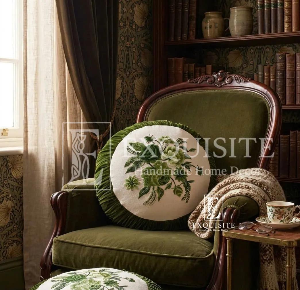 Gối tròn nhung thêu tay cao cấp - Velvet round cushion hand embroidery ảnh thu nhỏ 6