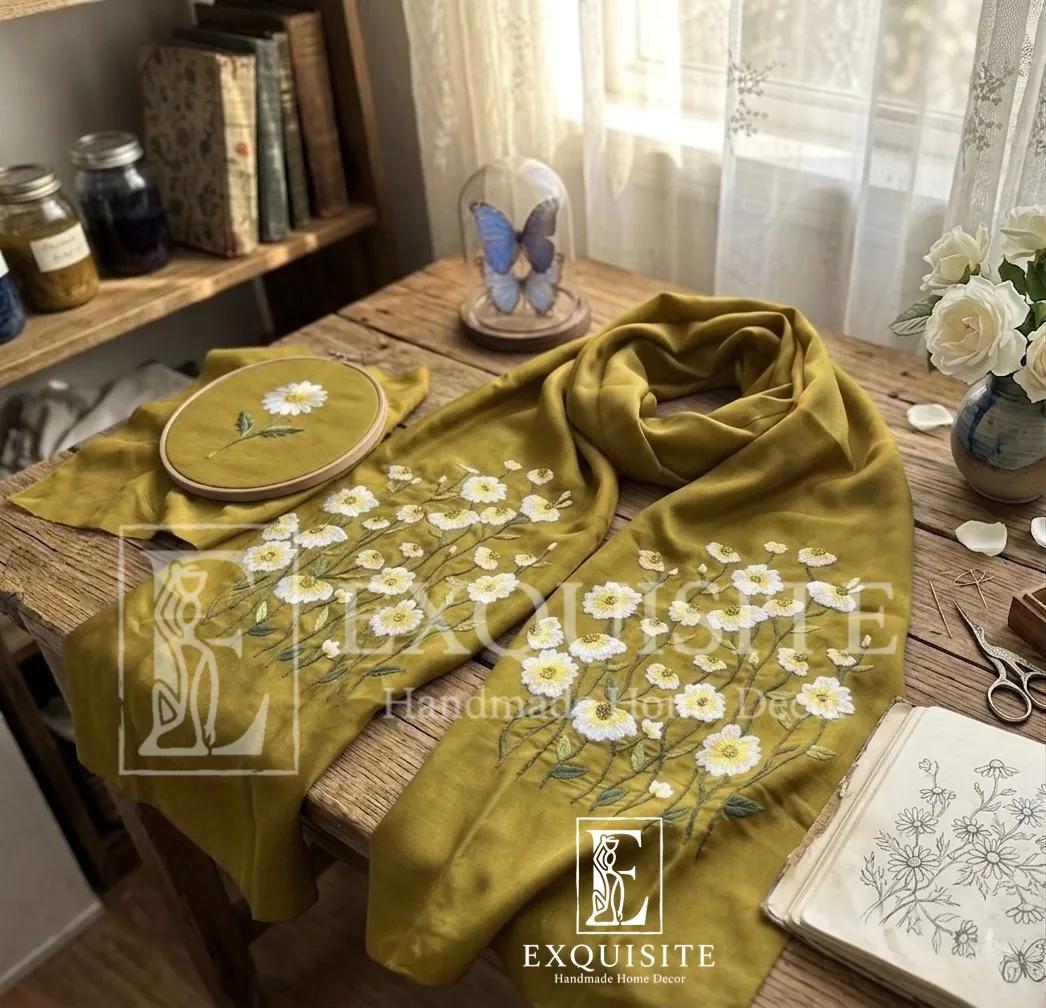 Khăn quàng cổ thêu tay nhung lụa tơ tằm cao cấp-Scarf hand embroidery on silk&velvet ảnh thu nhỏ 9