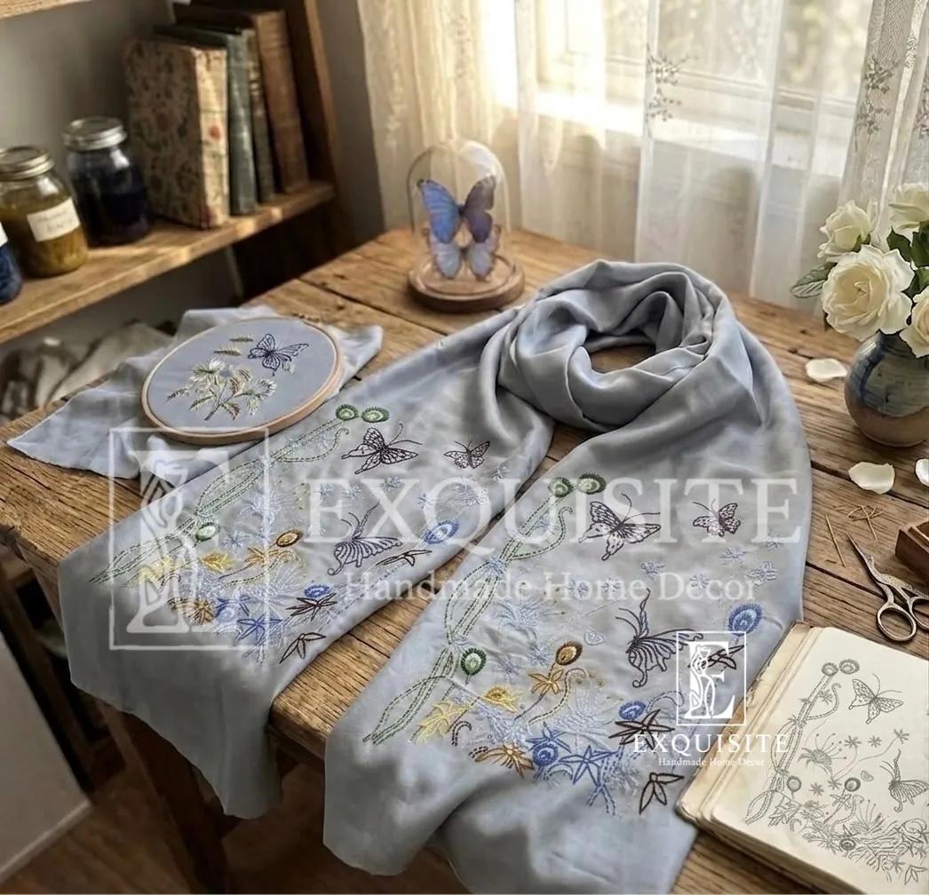 Khăn quàng cổ thêu tay nhung lụa tơ tằm cao cấp-Scarf hand embroidery on silk&velvet ảnh thu nhỏ 16