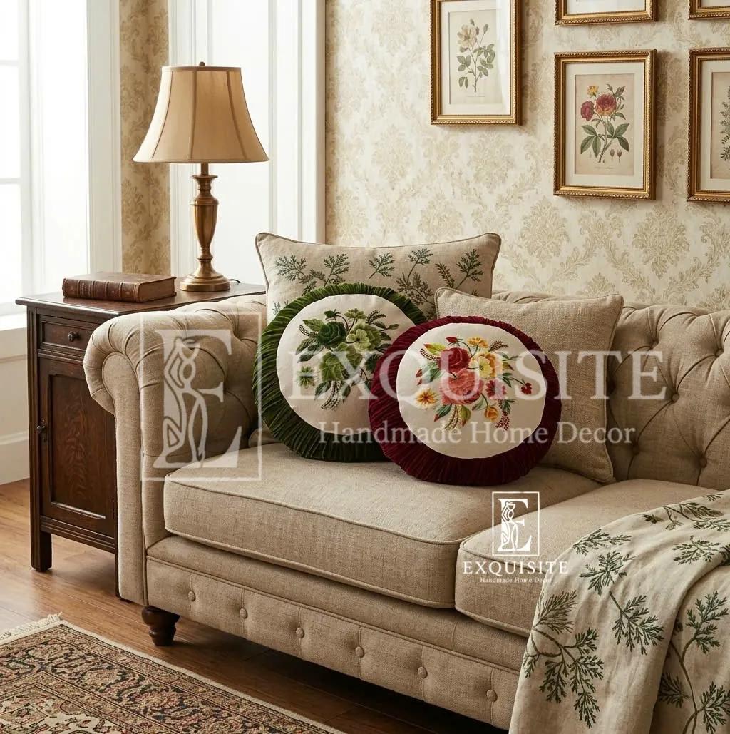 Gối tròn nhung thêu tay cao cấp - Velvet round cushion hand embroidery ảnh thu nhỏ 3