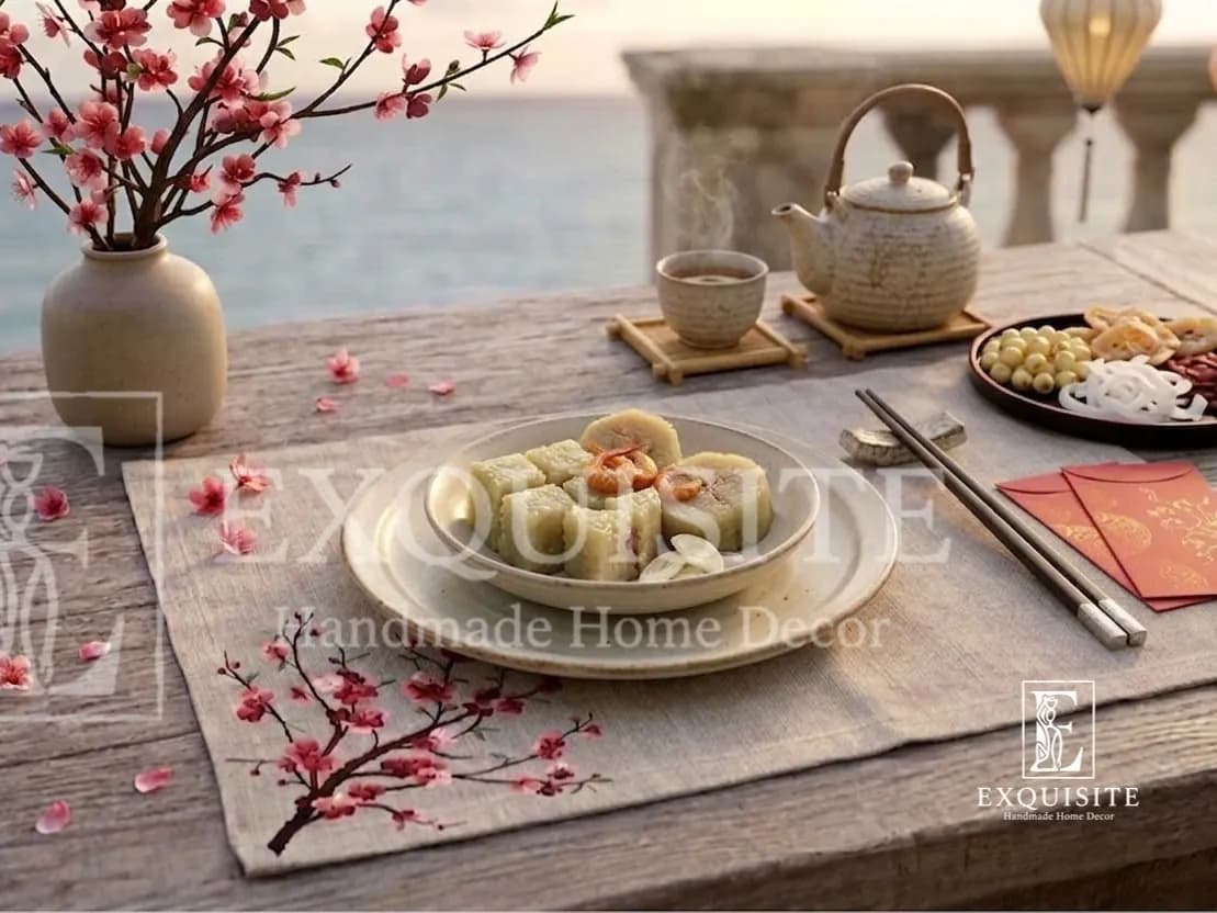 Lót đĩa thêu tay mẫu hoa đào ngày tết - Placemat hand embroidery new year
