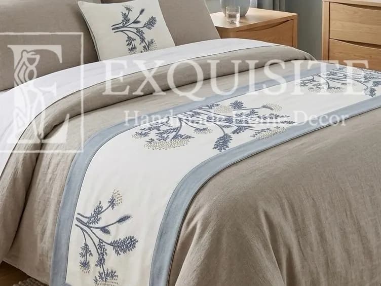 Bed runner mẫu cụm hoa bông lau tông xanh ghi đá - Tấm phủ cuối giường thêu tay 