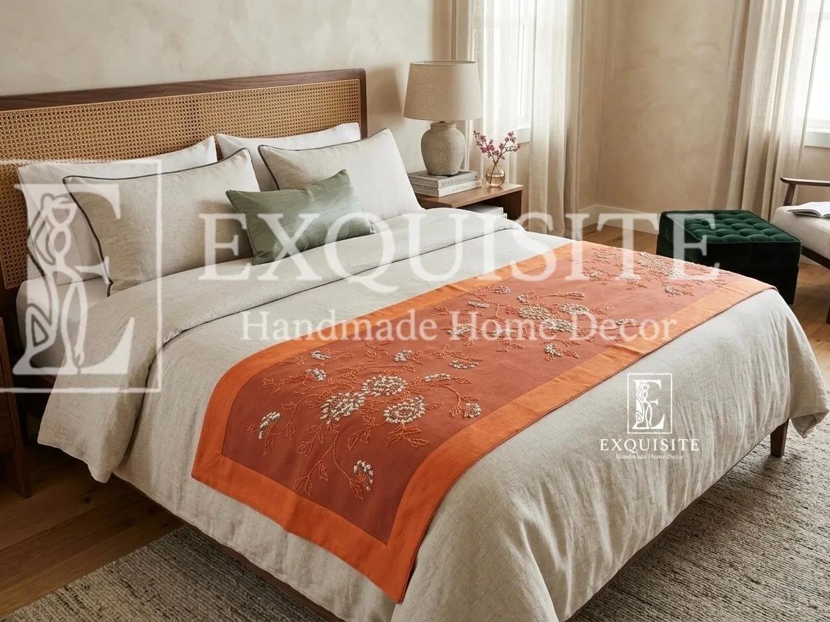 Bed runner-Mẫu hoa hồng KING sa hạt-tông cam-Tấm phủ cuối giường thêu tay Linen