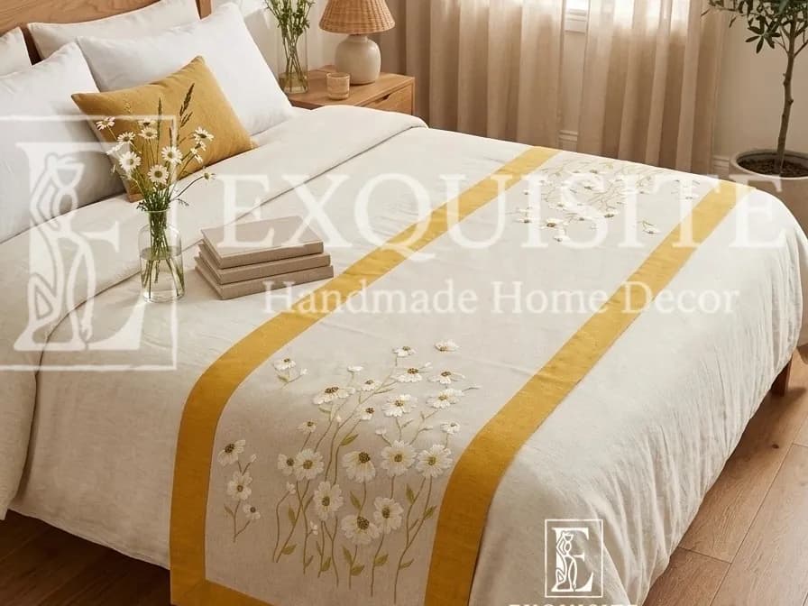 Bed runner-Mẫu cúc họa mi- tông vàng- Tấm phủ cuối giường thêu tay Linen