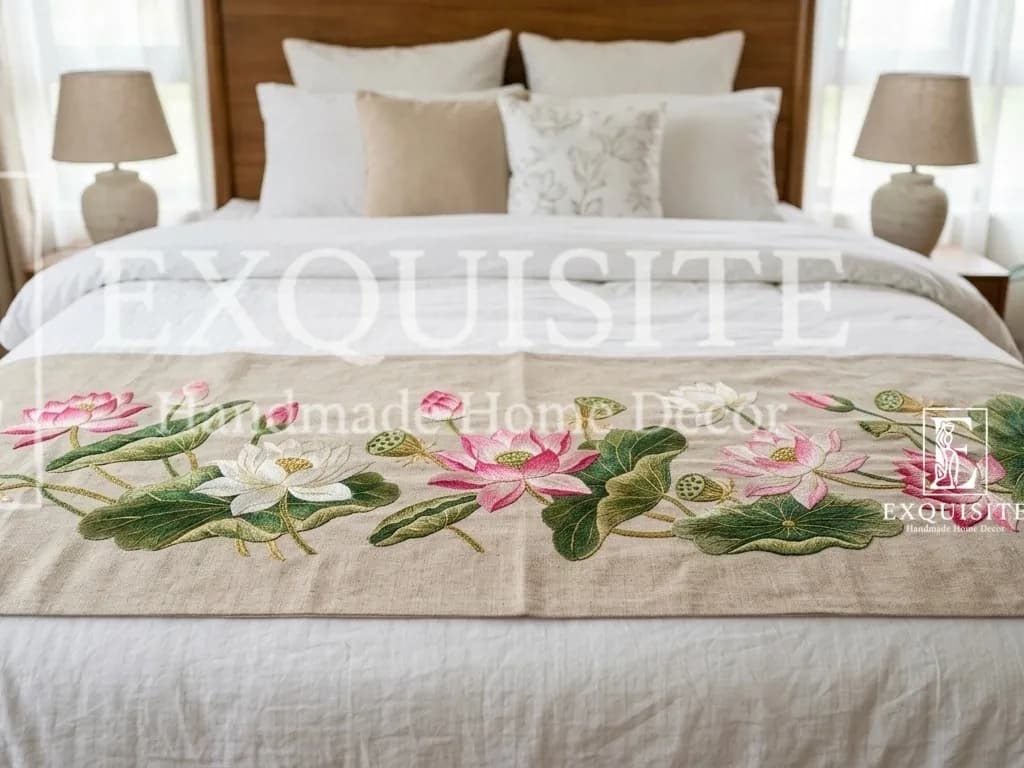 Bed runner mẫu hoa sen tông be- Tấm phủ cuối giường thêu tay LINEN