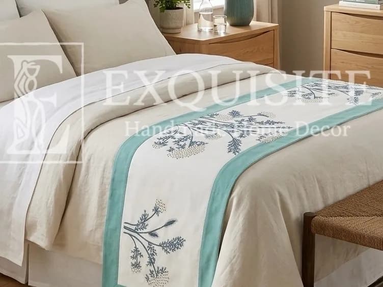 Bed runner mẫu cụm hoa bông lau rơi tông xanh ngọc- Tấm phủ cuối giường thêu tay 