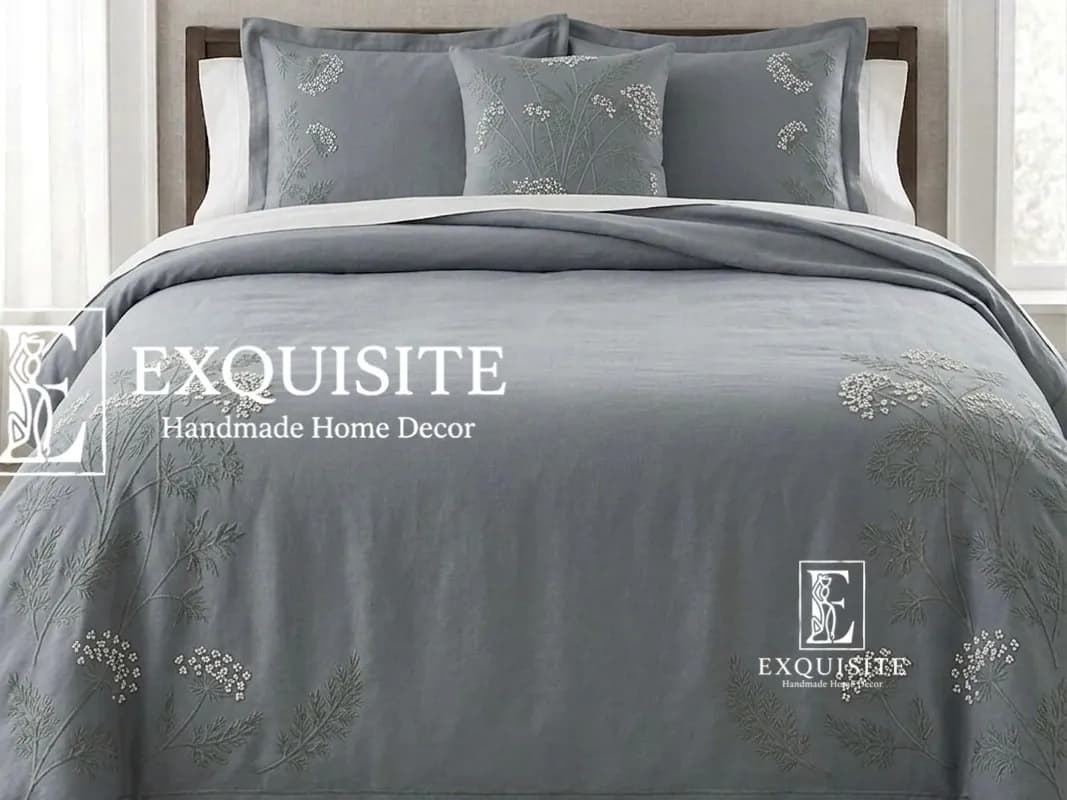 Bed Sheet - Ga thêu tay 2,3mx2,5m  tông xanh ghi đá