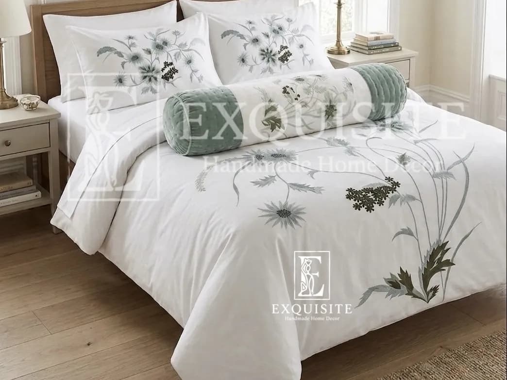 Gối ôm thêu tay mẫu hoa thược dược xanh - Bolster hand embroidery