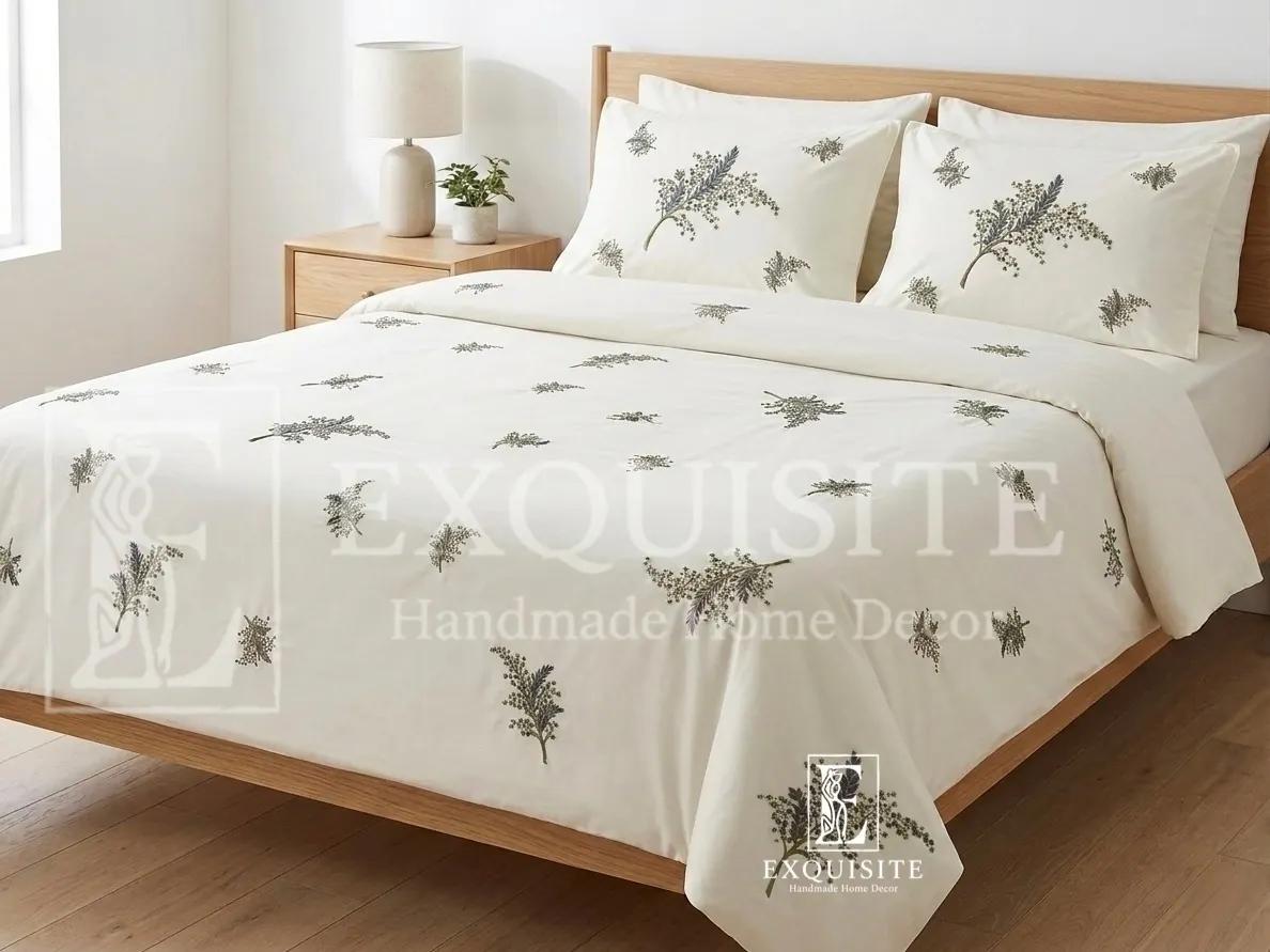 Chăn cotton thêu  tay  mẫu cành lá sa hạt rơi - tông ghi grey
