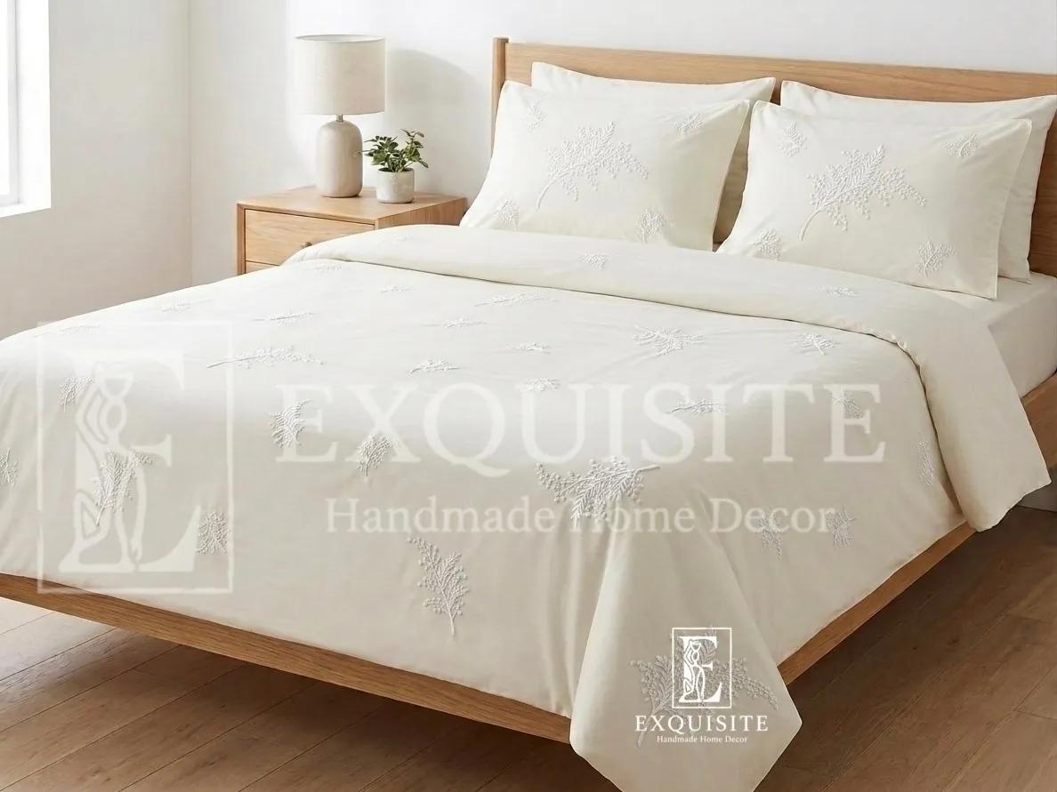 Chăn cotton thêu  tay mẫu cành lá sa hạt rơi 