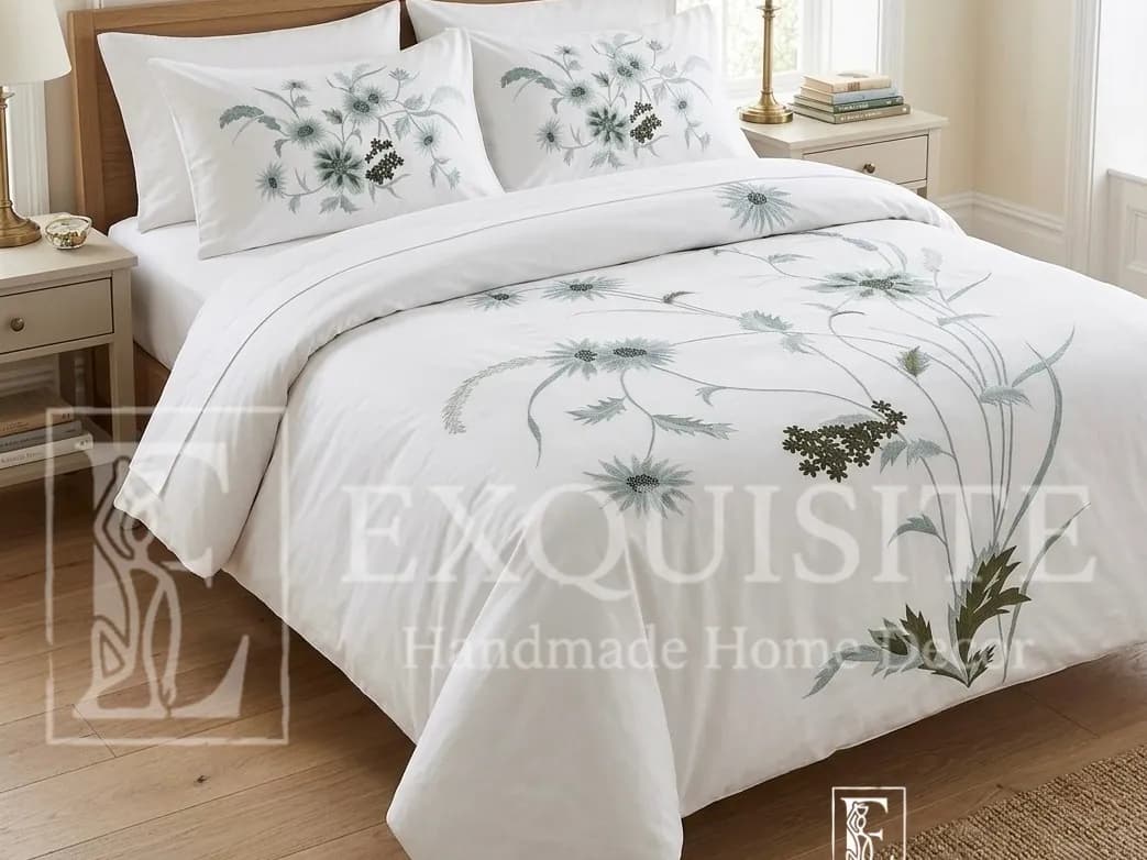 Chăn cotton thêu  tay  mẫu hoa thược dược xanh