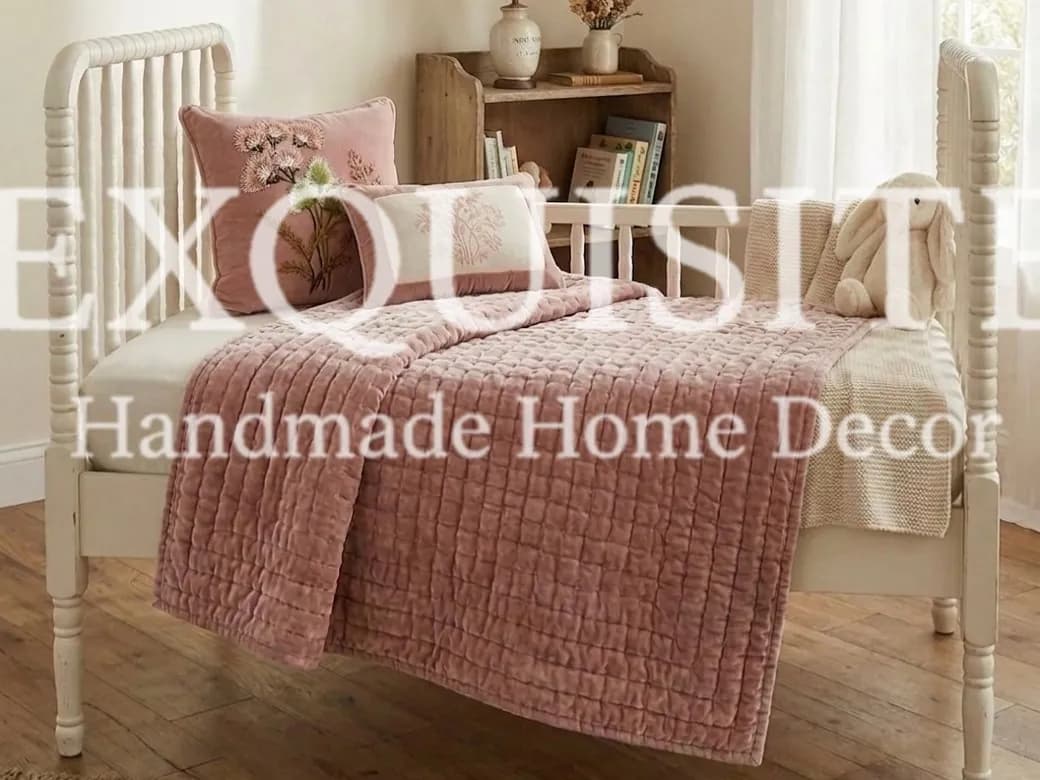 Chăn em bé khâu tay nhung cao cấp tông hồng - Baby quilt handmade