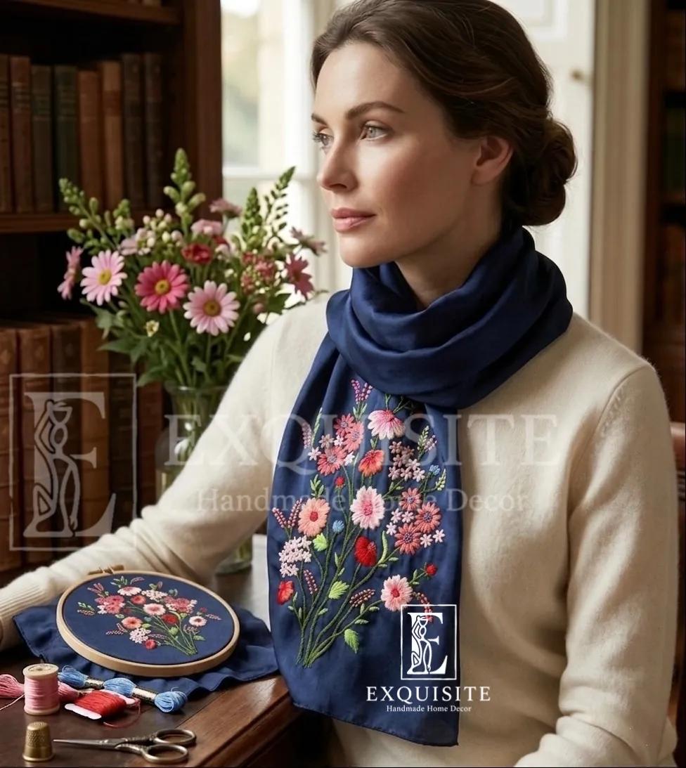 Khăn quàng cổ thêu tay nhung lụa tơ tằm cao cấp-Scarf hand embroidery on silk&velvet ảnh thu nhỏ 4