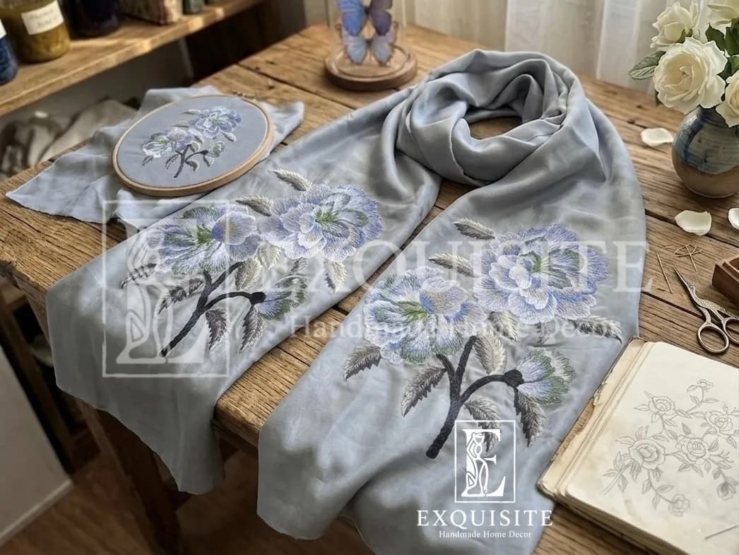 Khăn lụa tơ tằm thêu tay - Silk scaft w.hand embroidery