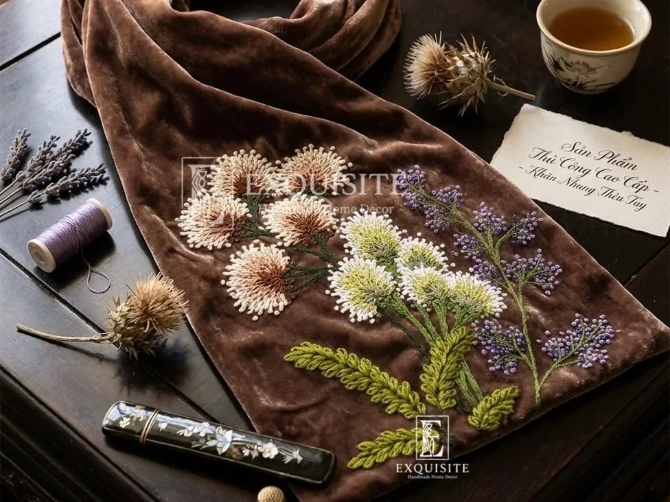 Khăn nhung cao cấp thêu tay - Scarf luxury velvet w.hand embroidery