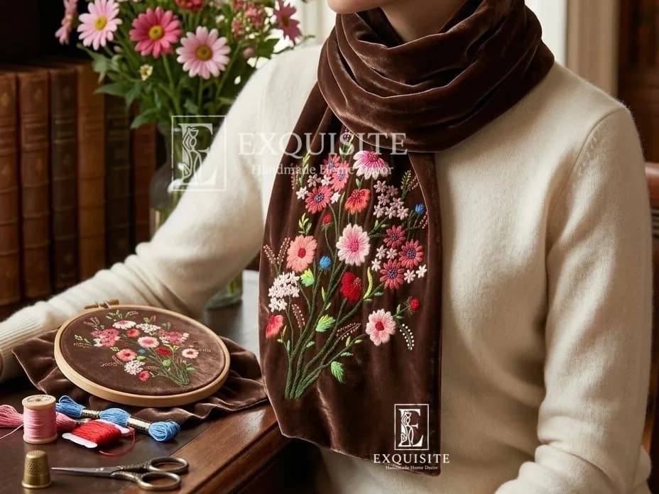 Khăn nhung cao cấp thêu tay - Scarf luxury velvet w.hand embroidery