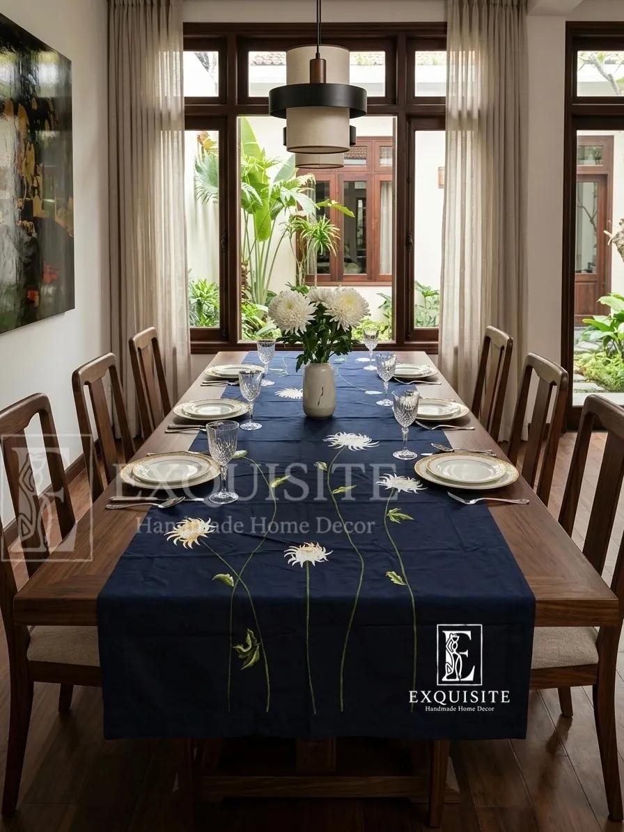 Phủ bàn thêu hoa cúc đại đóa trắng k/th 1,6mx2,5m - Daisy flower Table cloth ảnh thu nhỏ 2