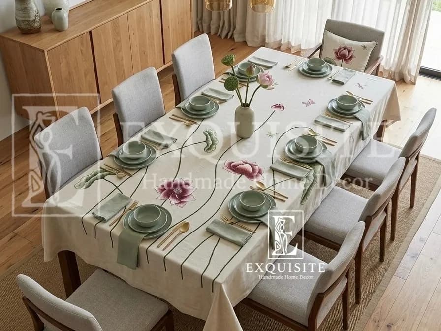 Phủ bàn thêu hoa sen hồng size 1,6mx3m