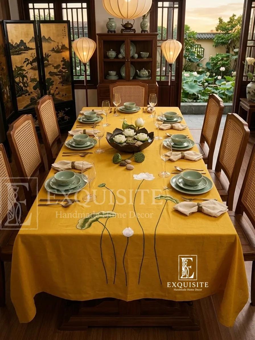 Phủ bàn thêu hoa sen hồng size 1,6mx3m ảnh thu nhỏ 5