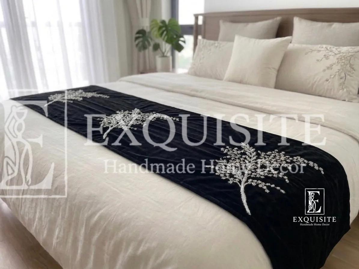 BED RUNNER- phủ cuối giường thêu tay nhung cao cấp - mẫu cành lá sa hạt chỉ bạc-tông nhung đen