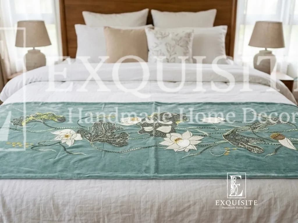 BED RUNNER- phủ cuối giường thêu tay nhung cao cấp - mẫu HOA SEN - tông xanh ngọc