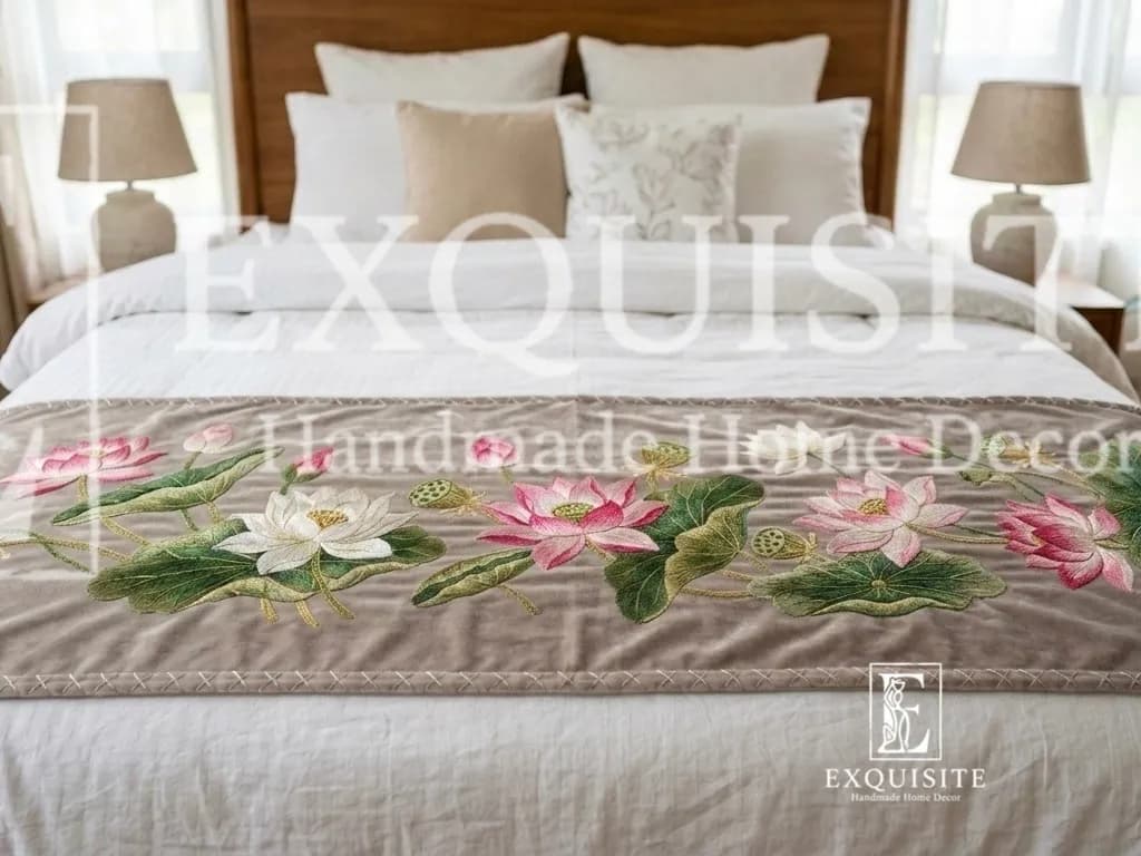 BED RUNNER- phủ cuối giường thêu tay nhung cao cấp - mẫu HOA SEN - Tông be