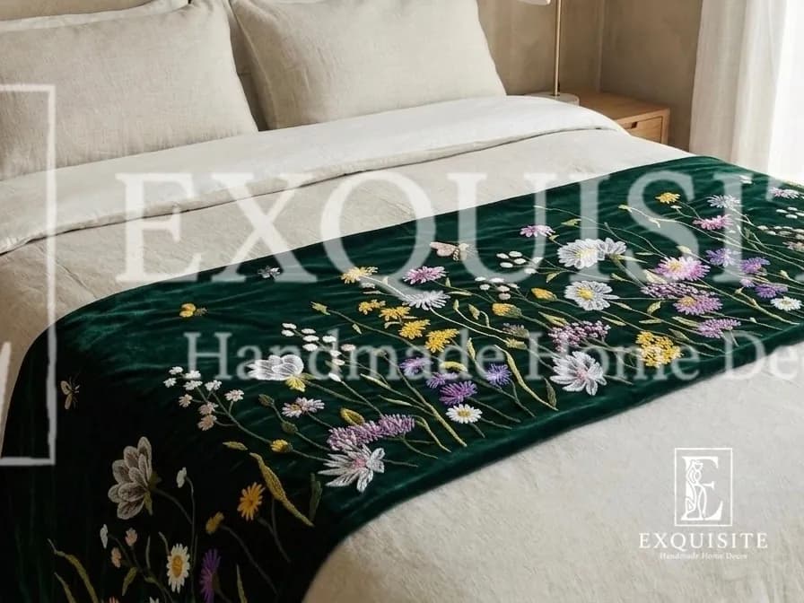 BED RUNNER- phủ cuối giường thêu tay nhung cao cấp - mẫu hoa cỏ Phong tông xanh rêu đậm
