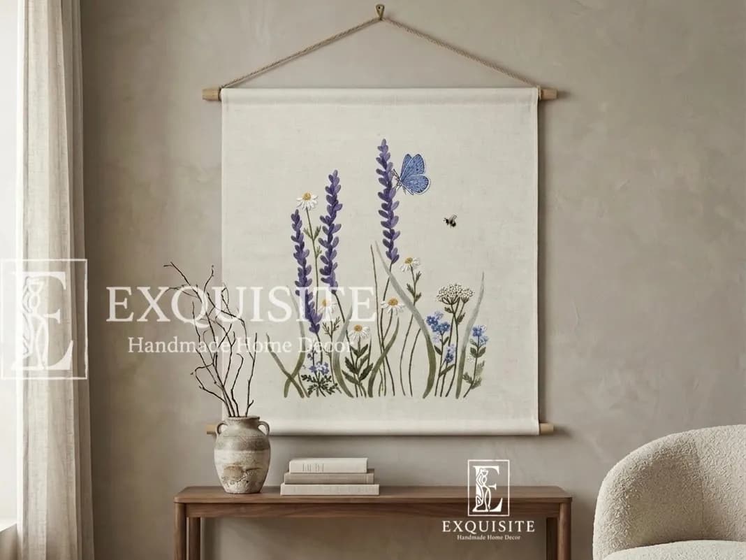 Tấm treo tường thêu tay mẫu hoa tím lavender- wall hanging