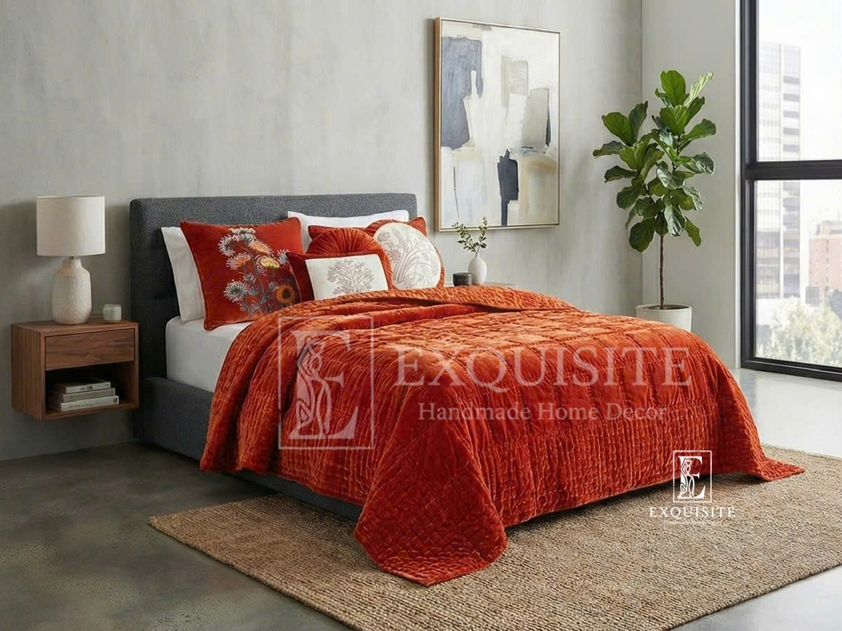 Velvet bed cover w.hand stitching- Chăn nhung khâu tay