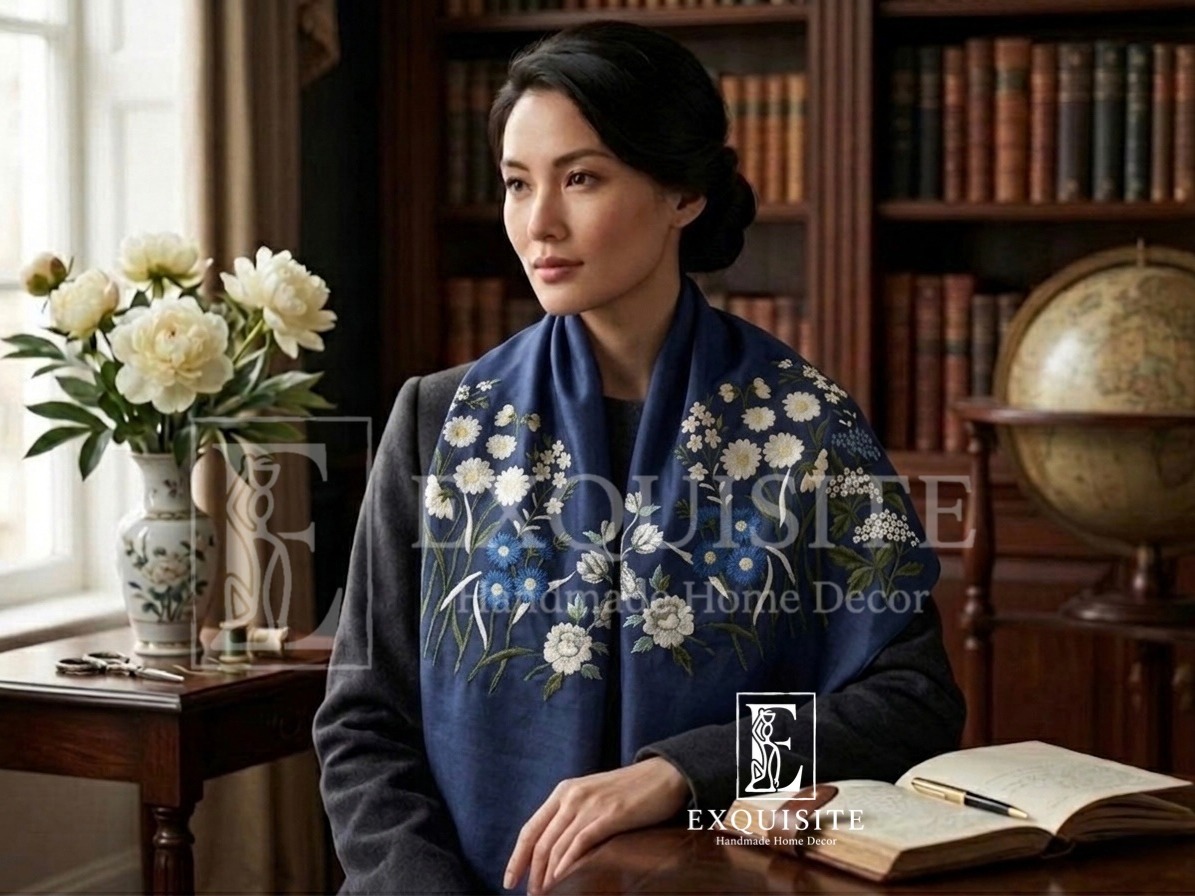 Scarf silk velvet w.hand embroidery- Khăn nhung lụa thêu tay