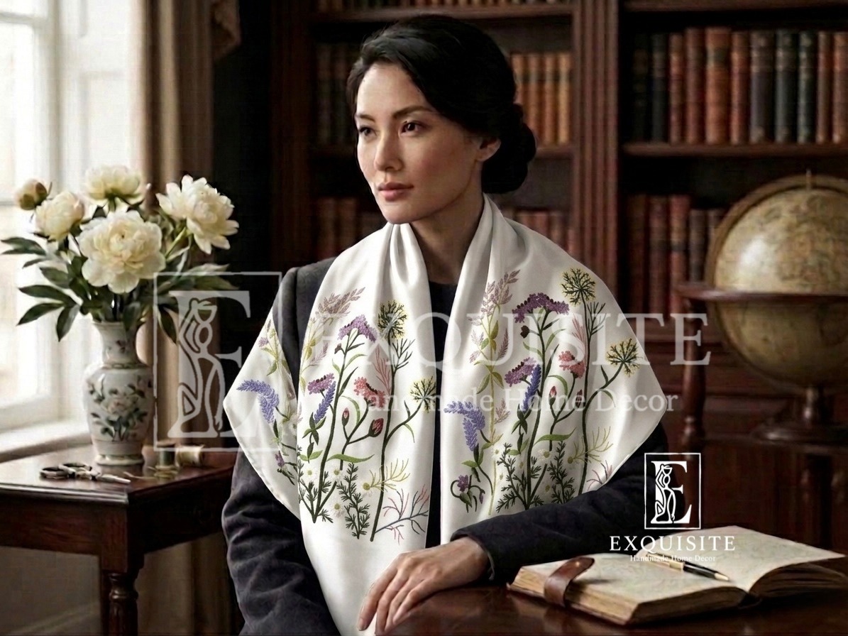 Scarf silk velvet w.hand embroidery- Khăn nhung lụa thêu tay