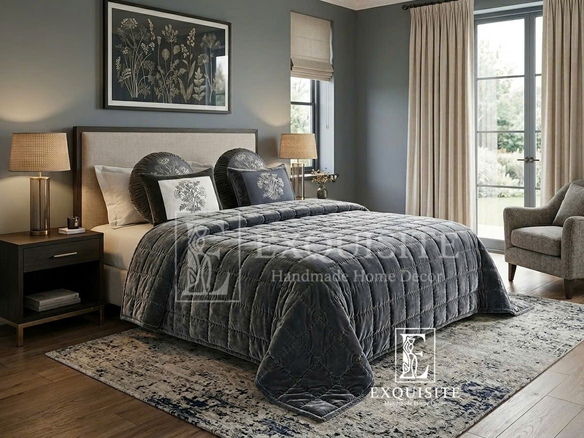 Velvet bed cover w.hand stitching- Chăn nhung khâu tay
