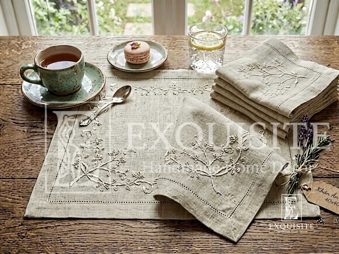 Lót đĩa khăn ăn thêu khuyên truyền thống  — Exclusive Piece